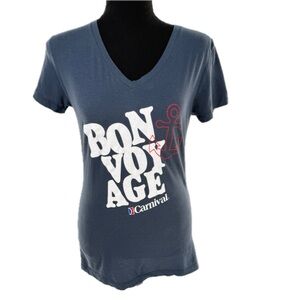 Carnival Cruise Bon Voyage Embroidered V-Neck T-Shirt Navy Vintage Size Medium